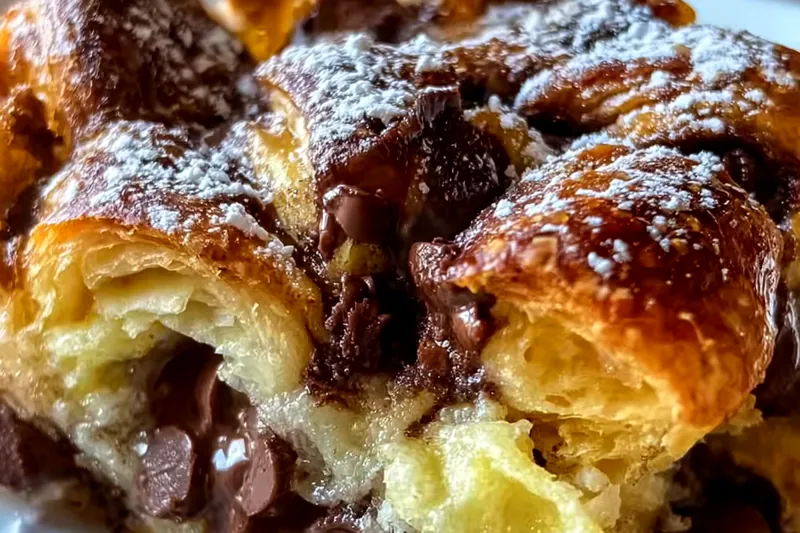 Golden chocolate croissant breakfast bake in the oven showing the perfectly puffed and golden surface with melted chocolate visible