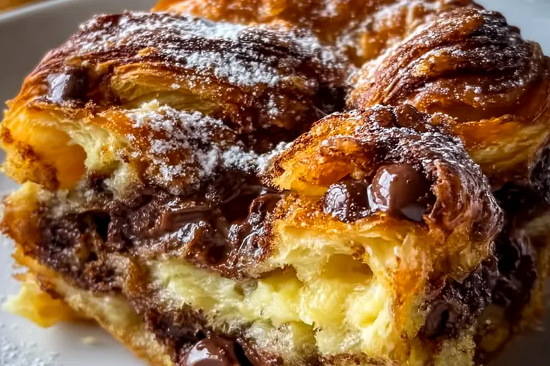 Fresh ingredients for chocolate croissant bake including torn croissants, dark chocolate chunks, eggs, cream, and vanilla arranged on a marble surface
