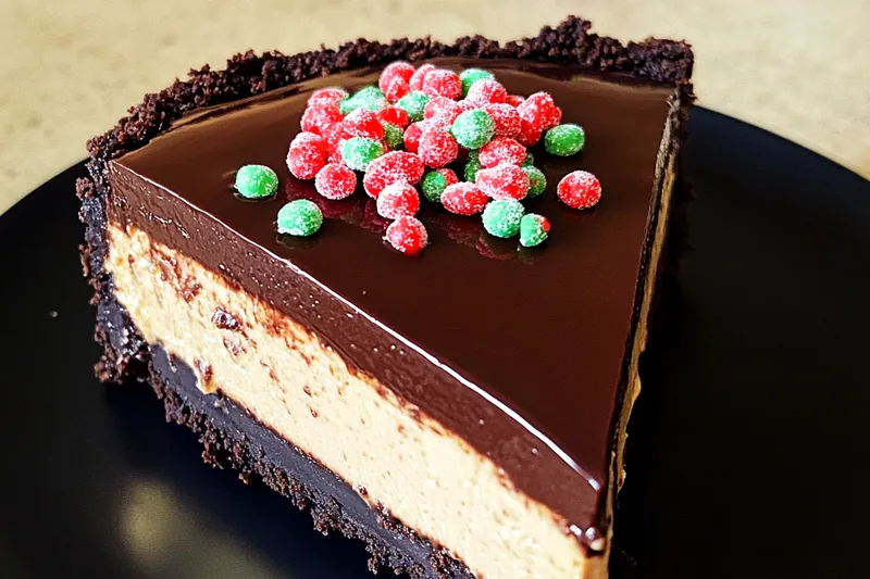 A process shot of Chef Mitchell mixing the cheesecake filling in a bowl for Decadent Chocolate Peppermint Cheesecake.