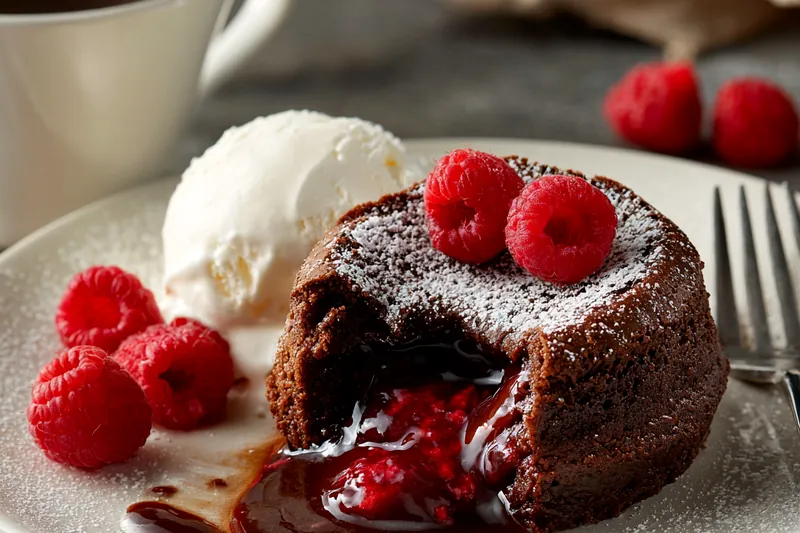 Lava cake ingredients arranged on white marble surface including chopped dark chocolate in glass bowl, cubed butter, eggs, sugar in ramekins, flour, cocoa powder, fresh raspberries, and raspberry jam