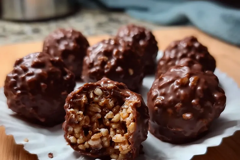Chocolate rice krispie balls being shaped with an ice cream scoop, showing the perfect texture and consistency of the mixture