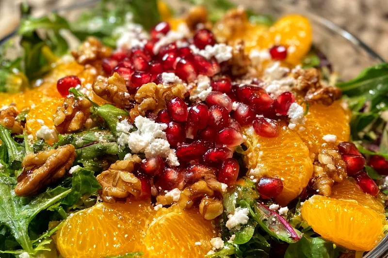 Chef Mitchell mixing ingredients for the Festive Christmas Salad Delight, showcasing vibrant colors and textures.