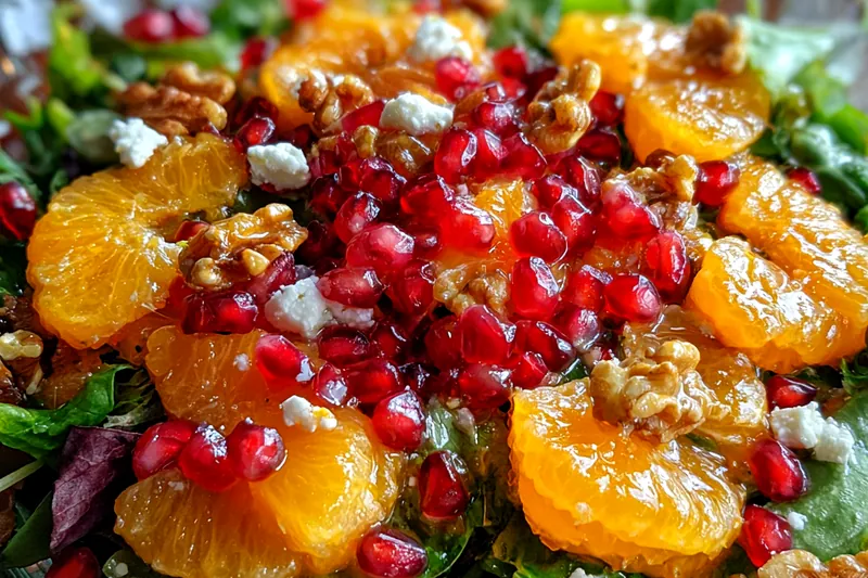 Ingredients for Festive Christmas Salad Delight laid out on a wooden table, showcasing freshness and variety.