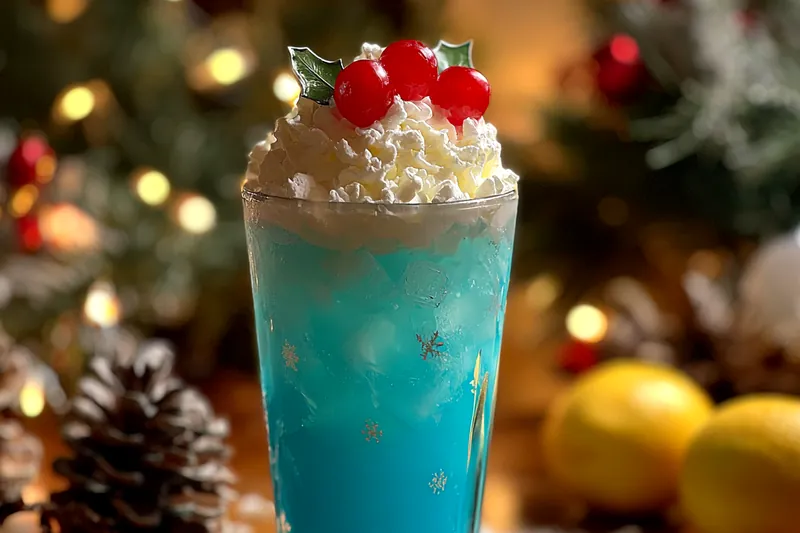 A festive setup showing the preparation of Festive Blue Holiday Punch on a decorated table.
