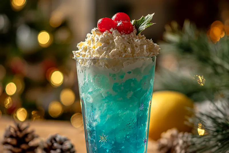 Bright and colorful ingredients for Festive Blue Holiday Punch: blue curaçao, pineapple juice, and fresh fruits.