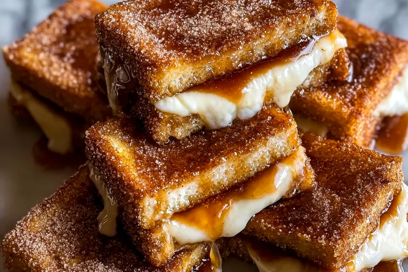 Golden churro-stuffed French toast cooking in a buttered skillet, showing the perfect browning and crispy exterior formation