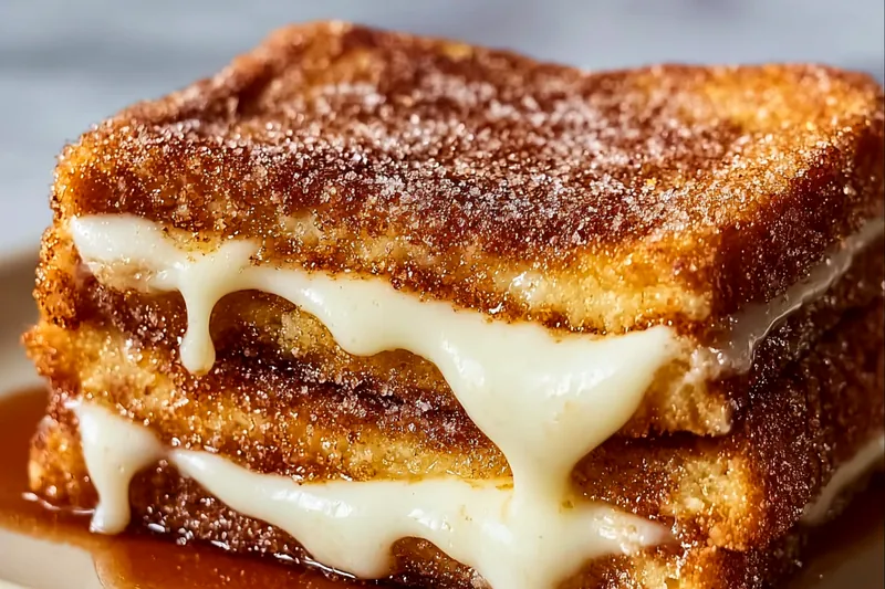 Ingredients for churro-stuffed French toast including brioche bread, cream cheese, eggs, cinnamon, and sugar arranged on a marble countertop