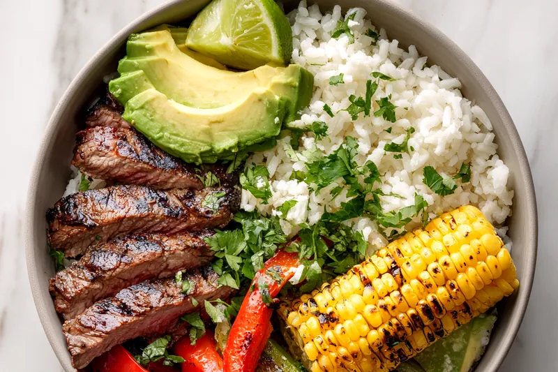 Close-up of sliced grilled steak showing perfect medium-rare interior with a beautiful char crust, arranged next to cilantro-lime rice and grilled vegetables