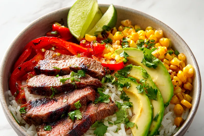 Flat lay of ingredients including raw flank steak, fresh cilantro, limes, garlic, spices, white rice, fresh corn on the cob, red and green bell peppers, and a halved avocado arranged on a light surface