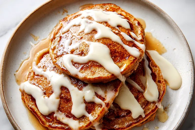 Close-up action shot of piping cinnamon swirl mixture in spiral pattern onto pancake cooking on griddle, with bubbles forming in batter and golden edges visible
