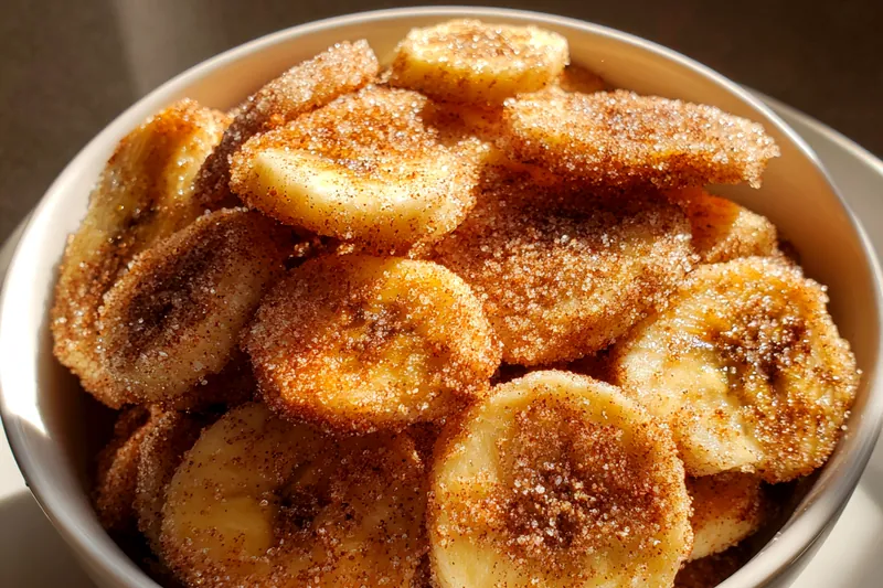 Banana slices arranged on parchment paper showing even spacing and generous cinnamon sugar coating ready for baking