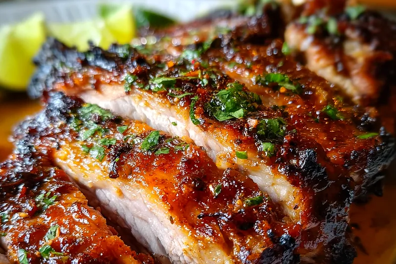 Fresh ingredients for Cuban mojo pork including oranges, limes, garlic cloves, oregano, and raw pork shoulder arranged on a rustic wooden board