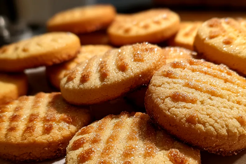 Golden shortbread cookies with fork patterns arranged on a baking sheet, showing proper spacing and uniform thickness