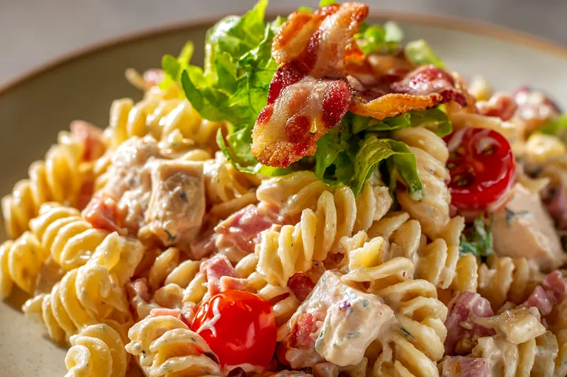 Close-up of hands tossing creamy club sandwich pasta salad in a large glass bowl, showing the spiral rotini pasta coated in white dressing with visible pieces of ham, bacon, and vegetables