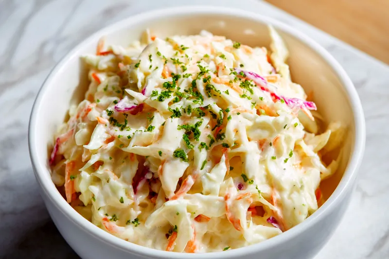 Close-up action shot of hands using tongs to toss shredded cabbage and carrots with creamy white dressing in a large glass mixing bowl on a wooden cutting board, with drops of dressing visible mid-toss