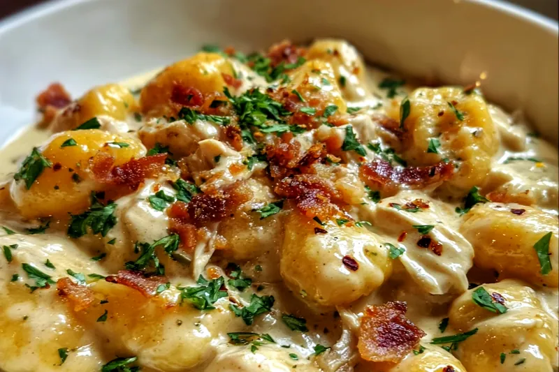 Creamy crack chicken gnocchi being stirred in a large skillet showing the rich, creamy sauce coating chicken and gnocchi pieces