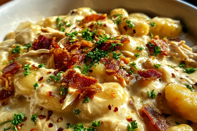 Raw ingredients for crack chicken gnocchi including cubed chicken, bacon, gnocchi, cream cheese, and ranch seasoning arranged on a marble countertop