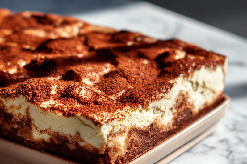 Step-by-step process photos showing whisking egg mixture over double boiler, folding whipped cream into mascarpone, dipping ladyfingers in coffee, and layering ingredients in a glass dish