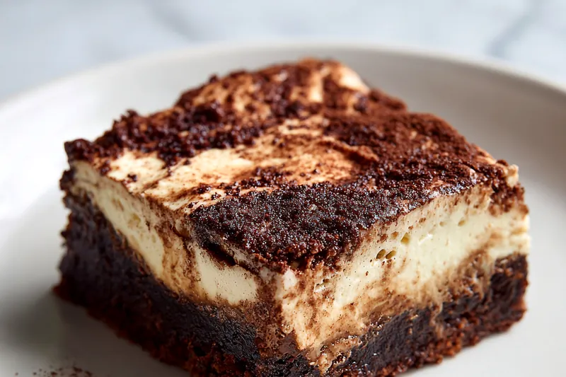Overhead shot of tiramisu ingredients arranged on a marble counter including mascarpone cheese in a bowl, eggs, ladyfinger cookies in their package, coffee in a glass measuring cup, cocoa powder in a small dish, and cream in a pitcher