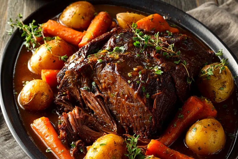 Raw ingredients arranged on a wooden board including a beef chuck roast, whole potatoes, carrots, fresh herbs, garlic cloves, and small bowls of seasonings and liquids
