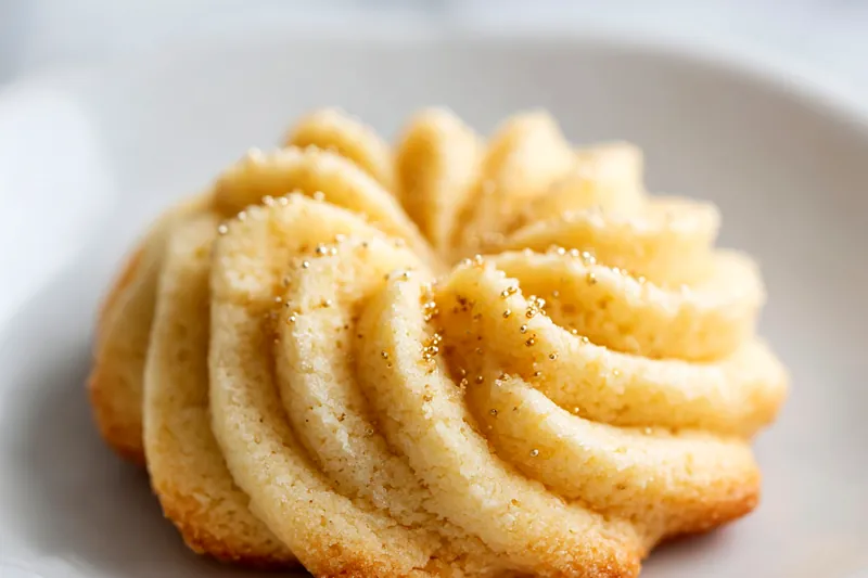 Overhead arrangement of spritz cookie ingredients including softened butter in a glass bowl, granulated sugar, fresh eggs, vanilla extract, measuring cups of flour, and small bowls of colored sprinkles on a white marble surface