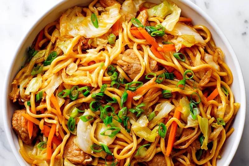Chow mein noodles being stir-fried in a smoking hot wok with vegetables flying in the air, showing the dynamic motion of wok cooking