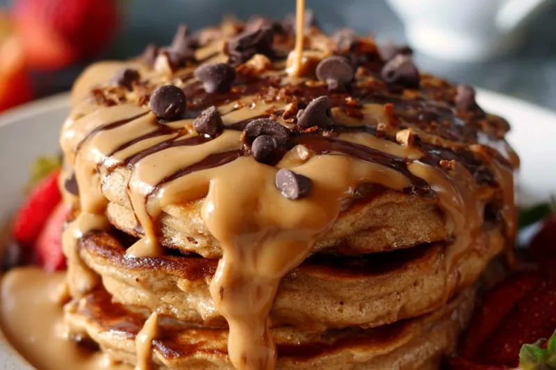 Coffee pancake ingredients arranged on marble countertop including flour, espresso cup, milk, eggs, and coffee beans
