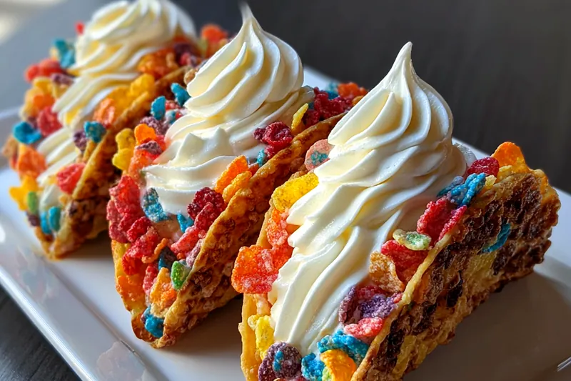 Fresh ingredients for Colorful Cereal Cheesecake Tacos