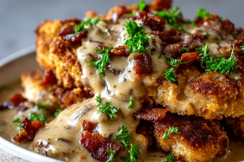Country fried pork chops sizzling in hot oil with golden-brown breading forming, showing the perfect frying technique in a cast iron skillet