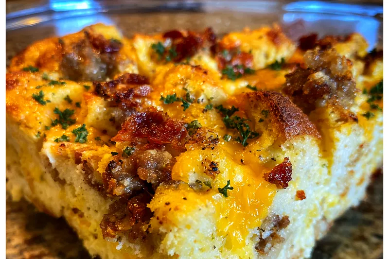 Chef Mitchell pouring the egg mixture over the assembled Savory Breakfast Casserole Delight.