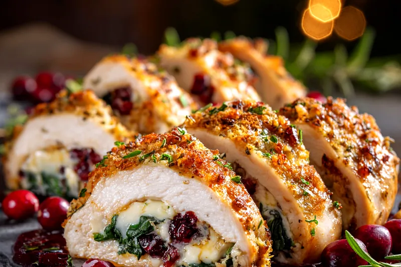 Close-up of stuffed chicken breast being seared in a cast-iron skillet until golden brown on all sides before transferring to the oven