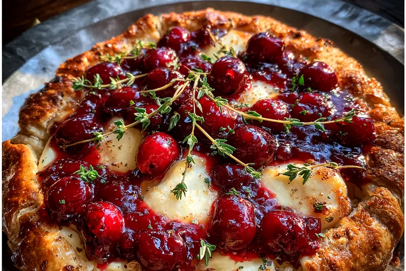 Savory Cranberry Brie Pastry baking in the oven, showcasing its golden brown crust.
