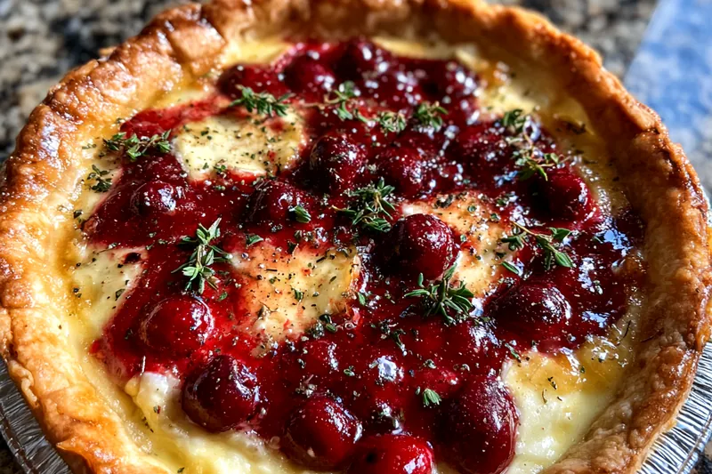 Mise en place of ingredients for Savory Cranberry Brie Pastry including puff pastry, brie cheese, and cranberry sauce.