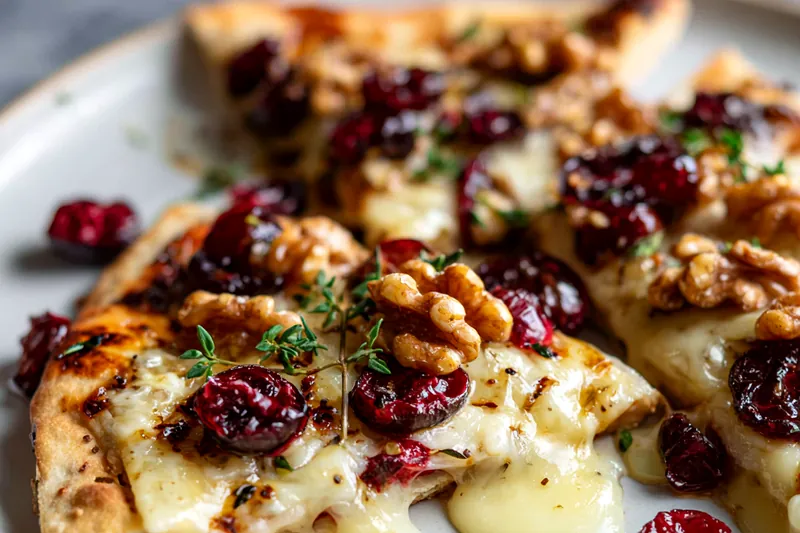 Flatbread in oven with bubbling melted brie and caramelized toppings showing perfect golden-brown color