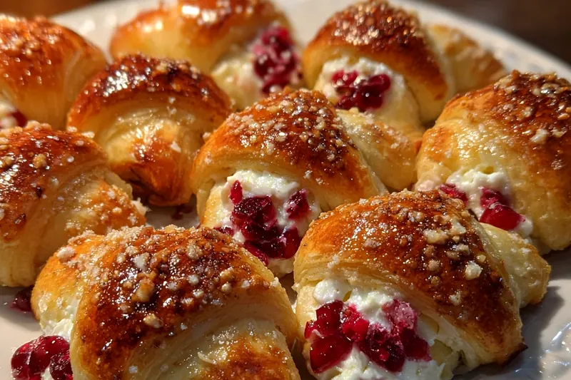 Step-by-step process showing hands rolling cranberry cream cheese filling into crescent triangles, with some completed bites on a parchment-lined baking sheet