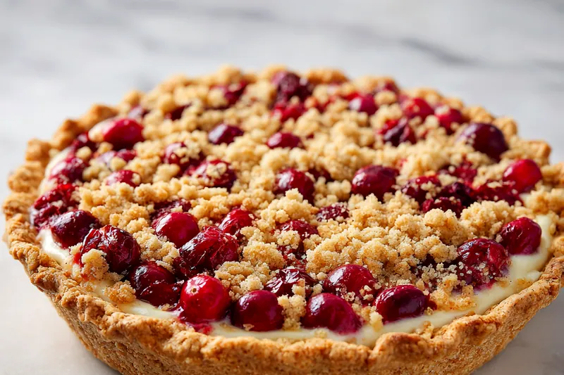 Cranberry Cream Cheese Crumb Pie in the oven baking to perfection