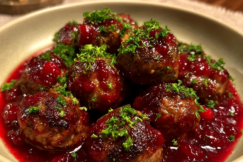 A step-by-step image showing the process of making Cranberry Glazed Meatballs, including mixing, shaping, and glazing.