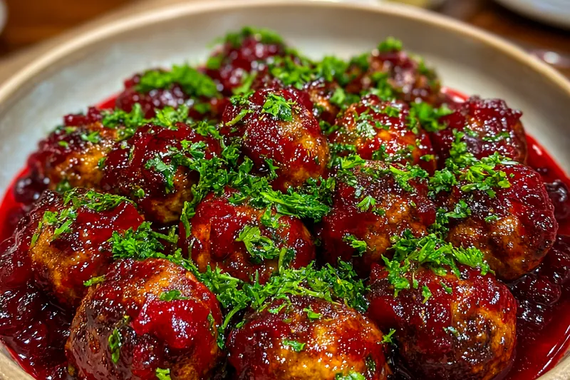 A display of fresh ingredients for Cranberry Glazed Meatballs, including ground meats, breadcrumbs, and cranberry sauce.