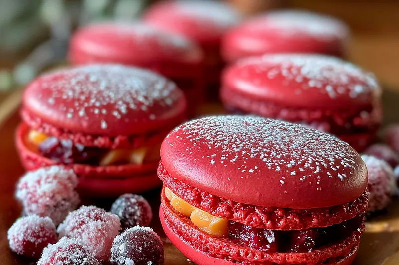 A close-up of the macaron baking process, showing perfectly piped shells in the oven.