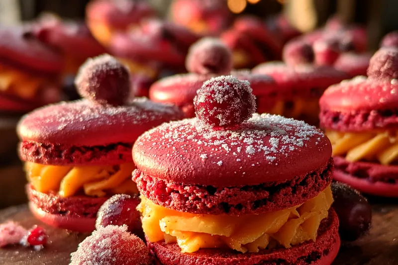 An organized display of fresh cranberries, orange zest, and macaron ingredients.