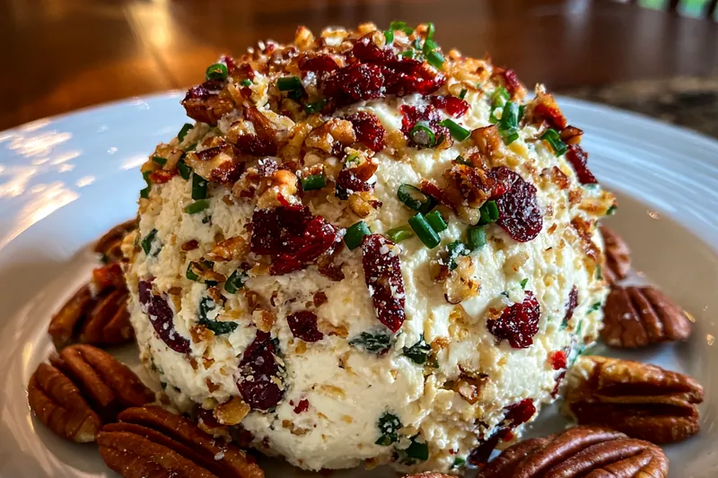 The mixing process of ingredients for the Cranberry Pecan Cheese Delight in a large bowl.