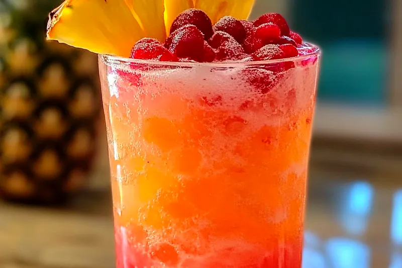 Cranberry pineapple fizz being poured into ice-filled glasses with colorful fruit garnishes being added