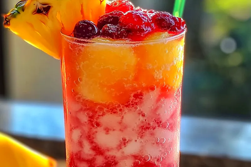Ingredients for cranberry pineapple fizz including juices, sparkling water, fresh fruit garnishes, and ice on a marble counter