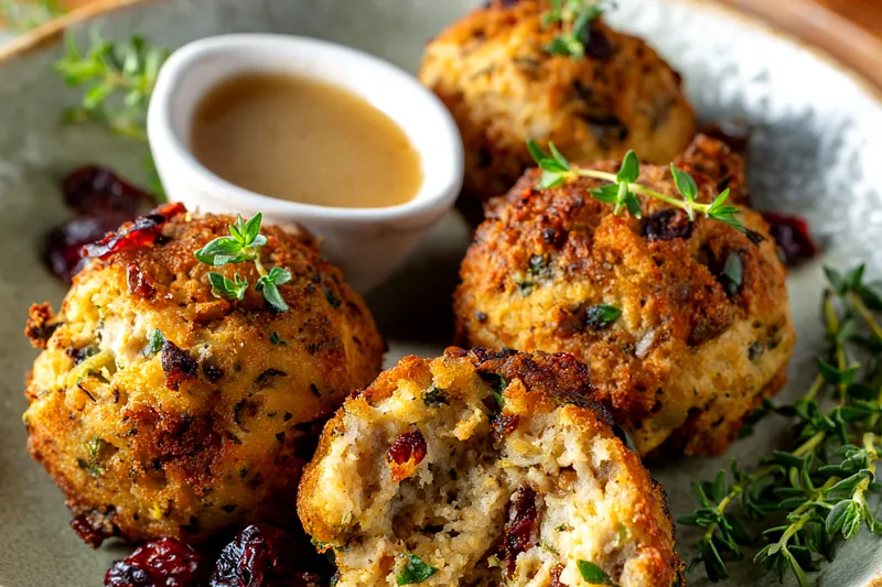 Close-up of golden-brown stuffing balls with one broken open to show moist interior filled with turkey, cranberries, and herbs on a ceramic plate