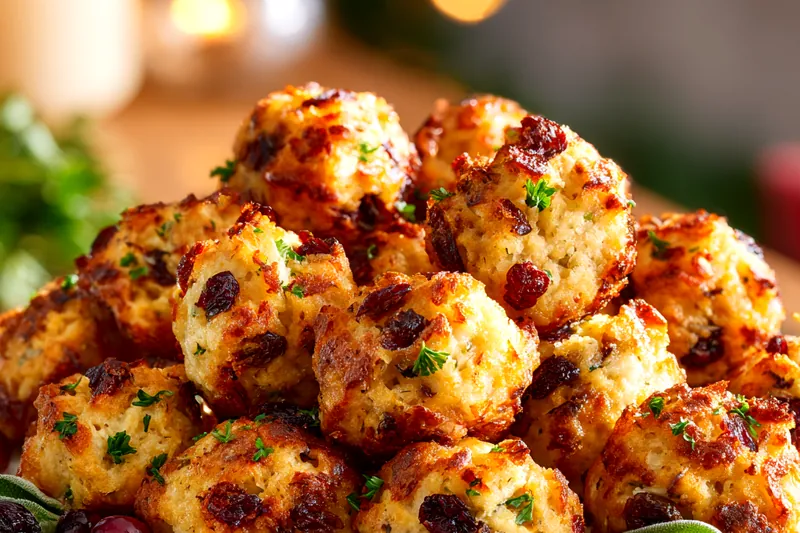 Overhead view of ingredients for stuffing balls arranged in bowls: cubed bread, ground turkey, dried cranberries, celery, onions, fresh herbs, chicken broth, eggs, and butter on a white marble surface