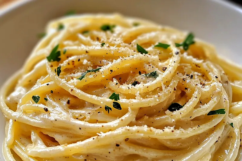 A step-by-step image showcasing the cooking process of Creamy Cheese Spaghetti Delight with ingredients and techniques.