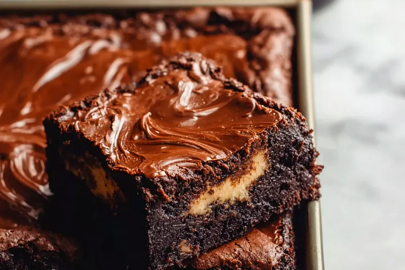Process photo showing cream cheese layer being spread over chocolate brownie batter in baking pan