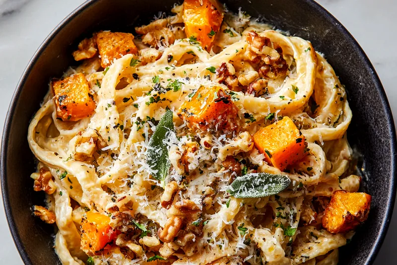 Overhead flat lay of recipe ingredients: whole butternut squash, fresh sage bundle, stick of butter, fettuccine pasta, garlic cloves, heavy cream container, Parmesan wedge, and toasted walnuts in a small bowl on white marble