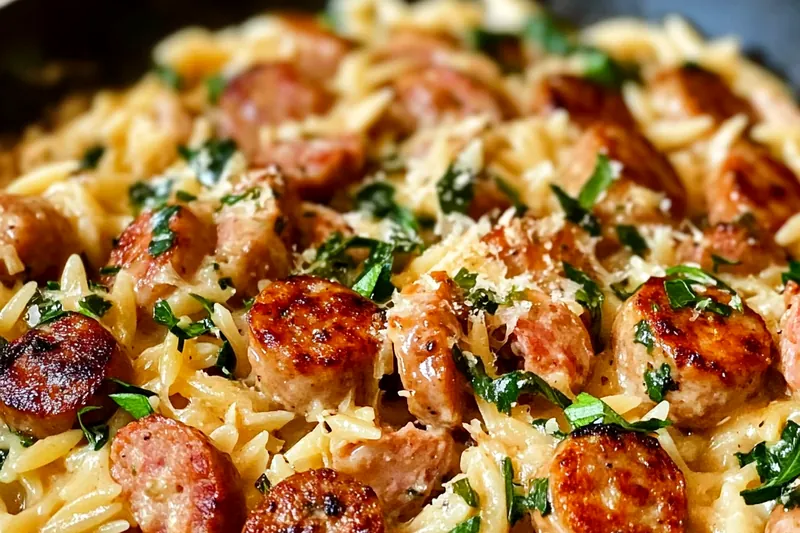 Creamy orzo cooking in a large skillet with sausage and vegetables, steam rising as the sauce comes together