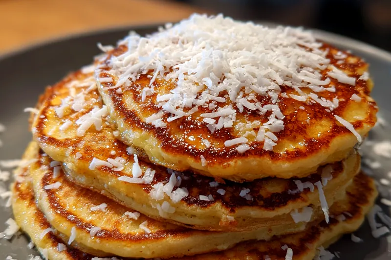 A collection of ingredients for Creamy Coconut Pancakes, including flour, coconut milk, eggs, and sugar arranged aesthetically.